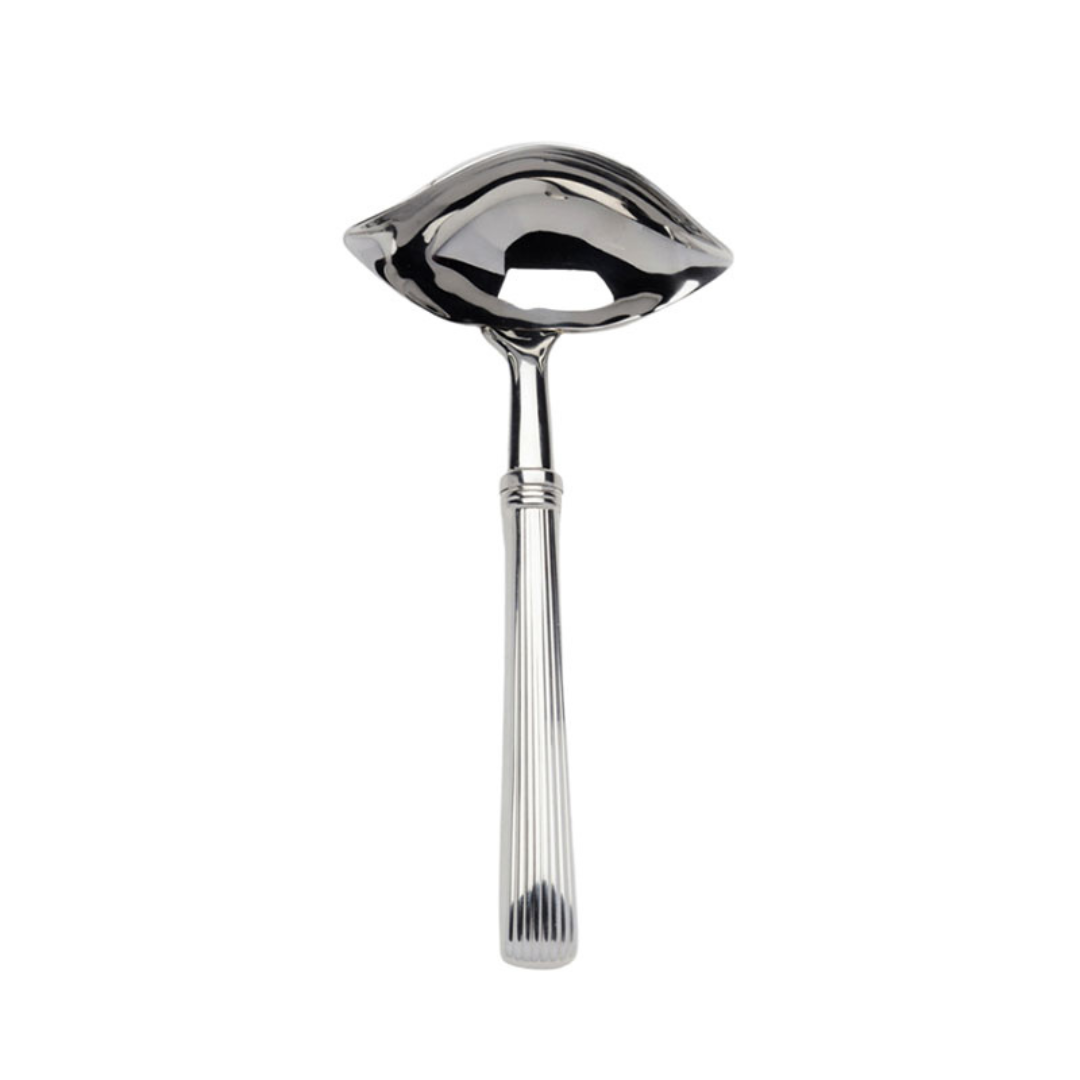 A shiny, silver Beatrix Gravy Ladle by Alain Saint-Joanis, featuring a deep oval bowl and ridged handle, made in France, is pictured on a white background.