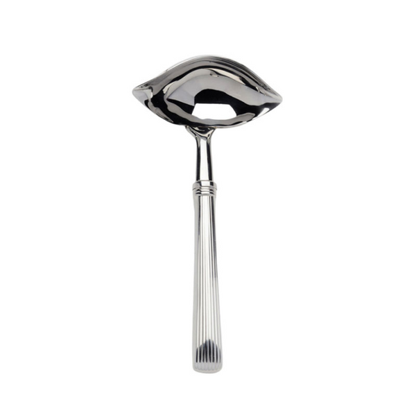 A shiny, silver Beatrix Gravy Ladle by Alain Saint-Joanis, featuring a deep oval bowl and ridged handle, made in France, is pictured on a white background.