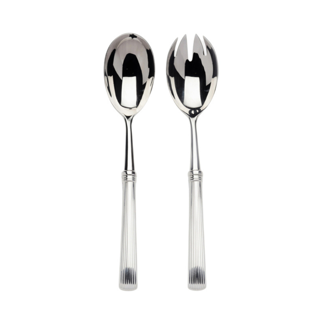 The Beatrix Salad 2 Piece Set by Alain Saint-Joanis, featuring a stainless steel spoon and fork with textured handles, is displayed side by side on a white background. Made in France.