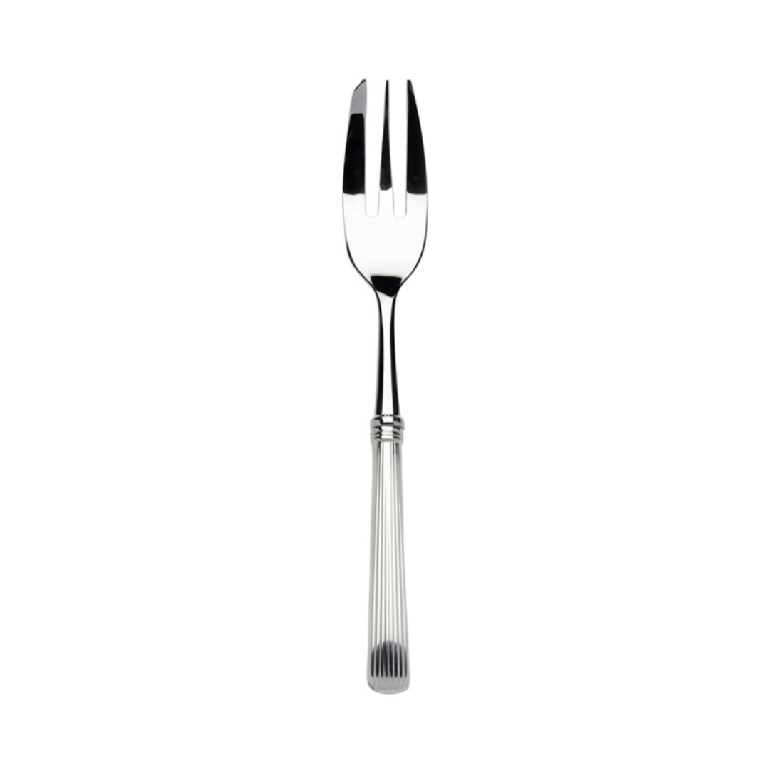 The Alain Saint-Joanis Beatrix Serving Fork, made in France, has a shiny stainless steel finish, two wide tines, and a ridged handle, shown on a plain white background.