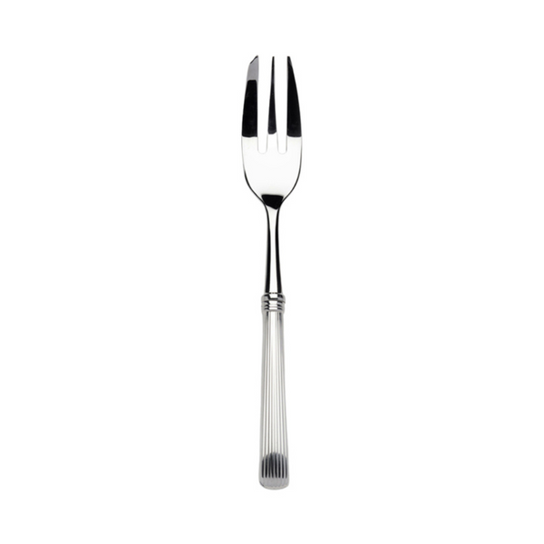 The Alain Saint-Joanis Beatrix Serving Fork, made in France, has a shiny stainless steel finish, two wide tines, and a ridged handle, shown on a plain white background.