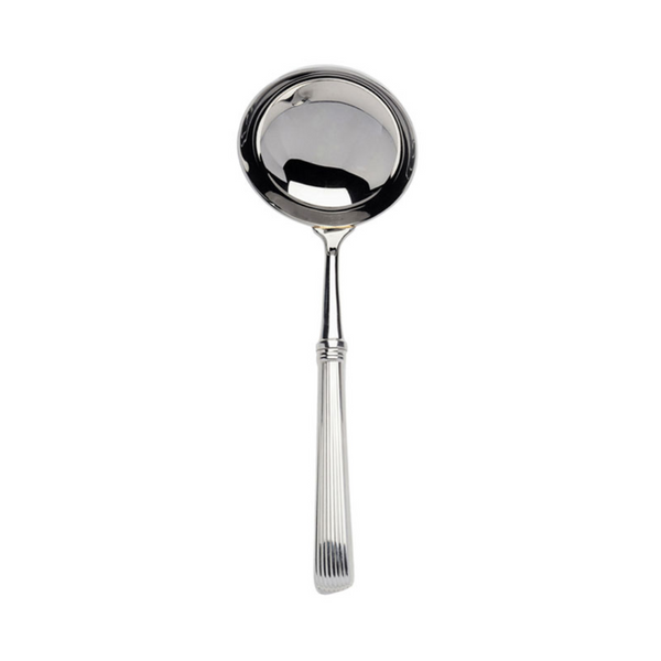The Alain Saint-Joanis Beatrix Soup Ladle features a shiny stainless steel finish, a deep round bowl, and a long ribbed handle, shown on a plain white background.