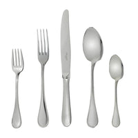 The Christofle Albi Acier Flatware 5 Piece Setting in stainless steel includes a salad fork, dinner fork, dinner knife, soup spoon, and teaspoon, each with simple polished handles for an elegant table.