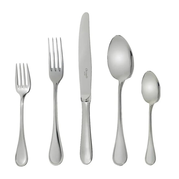 The Christofle Albi Acier Flatware 5 Piece Setting in stainless steel includes a salad fork, dinner fork, dinner knife, soup spoon, and teaspoon, each with simple polished handles for an elegant table.