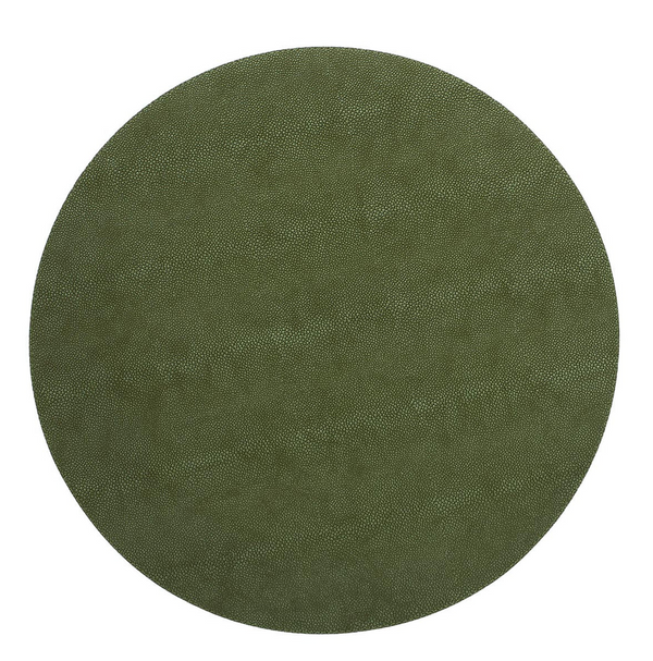 The Bodrum Stingray Round Placemat s/4 in Hunter features a textured olive green, stingray-inspired surface made from phthalate-free vinyl, displayed on a white background.