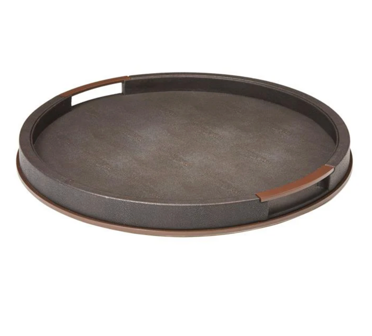 The Faux Shagreen Tray Anthracite - Round - Large by Addison Ross features a textured anthracite finish, raised rim, and two rectangular cut-out handles with brown accents.