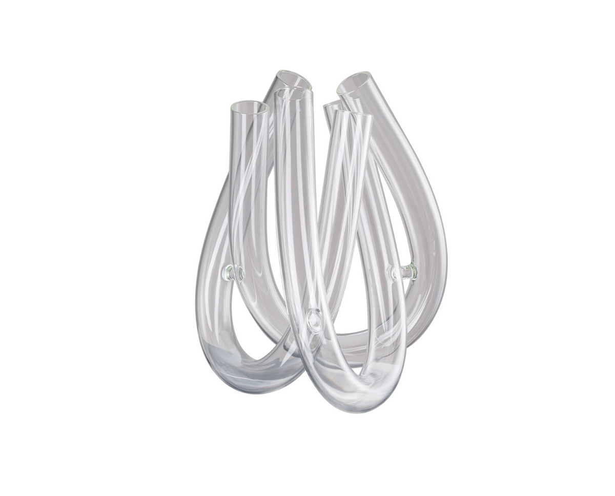 The Trui Vase by Rosenthal showcases interconnected, looping clear glass tubes that curve upward, creating an abstract sculptural silhouette—an elegant and striking design from the renowned brand Rosenthal.
