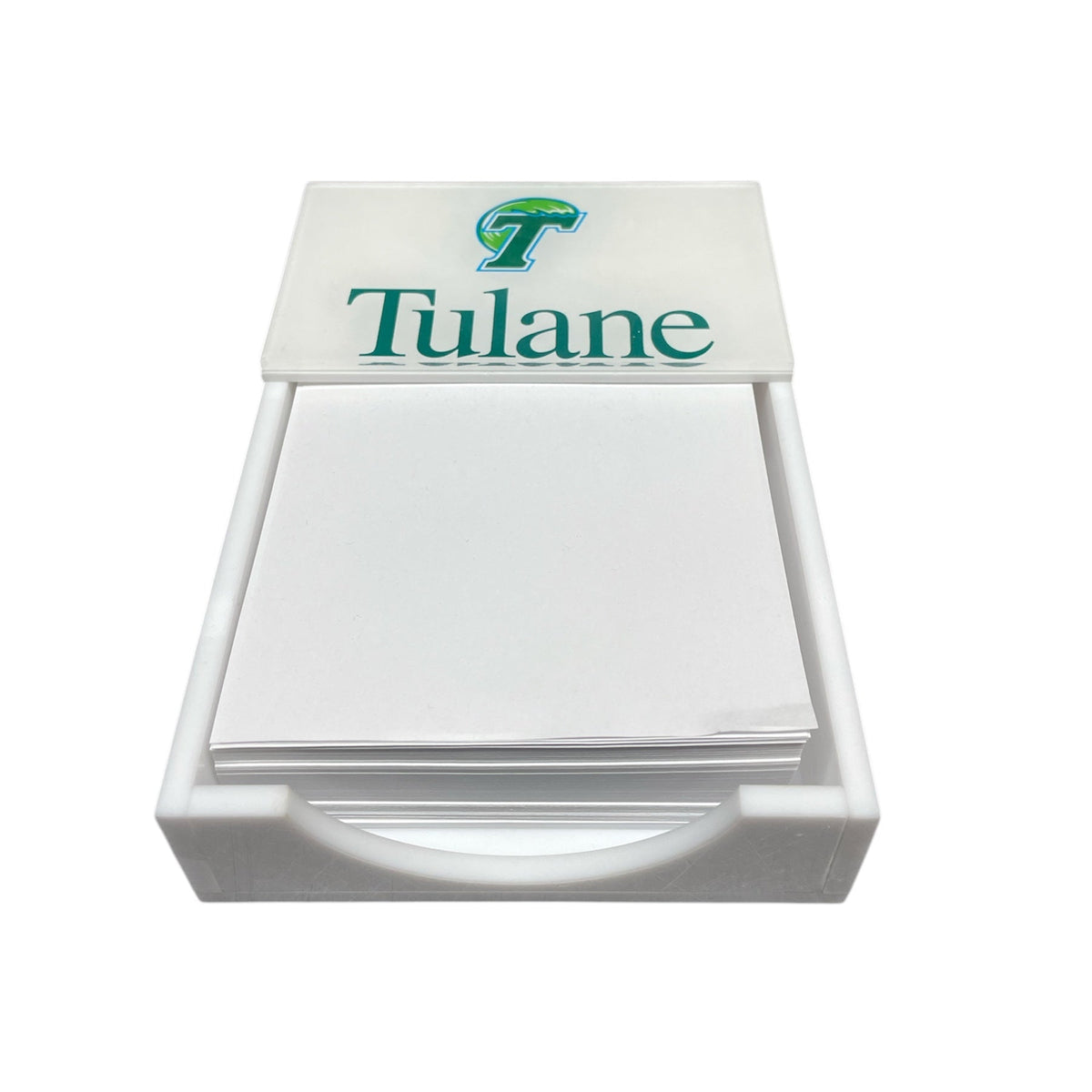 The Eye Candy College Note Pad features a stack of blank white note cards in a white holder with the Tulane University logo on the lid—ideal as a graduation gift or custom notepad for Tulane alumni and students.