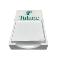 The Eye Candy College Note Pad features a stack of blank white note cards in a white holder with the Tulane University logo on the lid—ideal as a graduation gift or custom notepad for Tulane alumni and students.