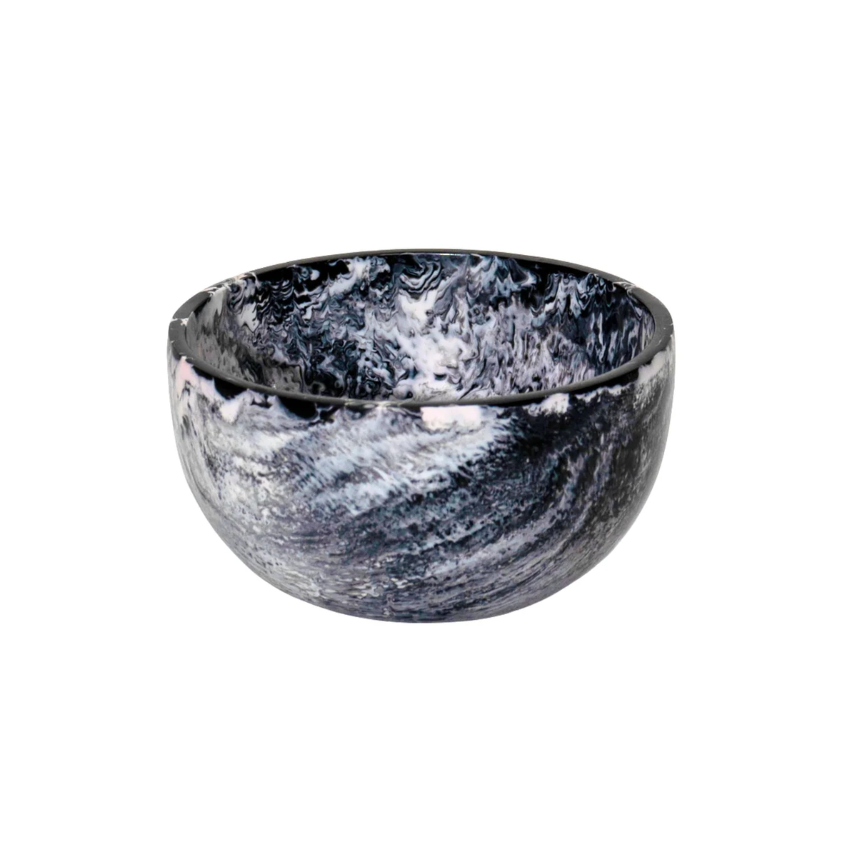 The Godinger Radiant Resin Snack Bowl Black & White features a glossy, marbled black and white design inside and out, shown against a plain white background.