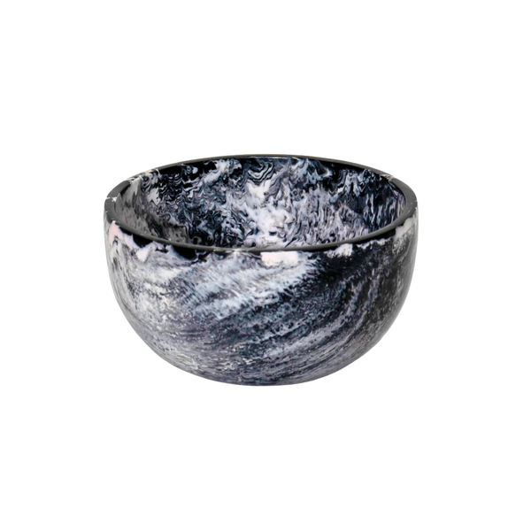 The Godinger Radiant Resin Snack Bowl Black & White features a glossy, marbled black and white design inside and out, shown against a plain white background.