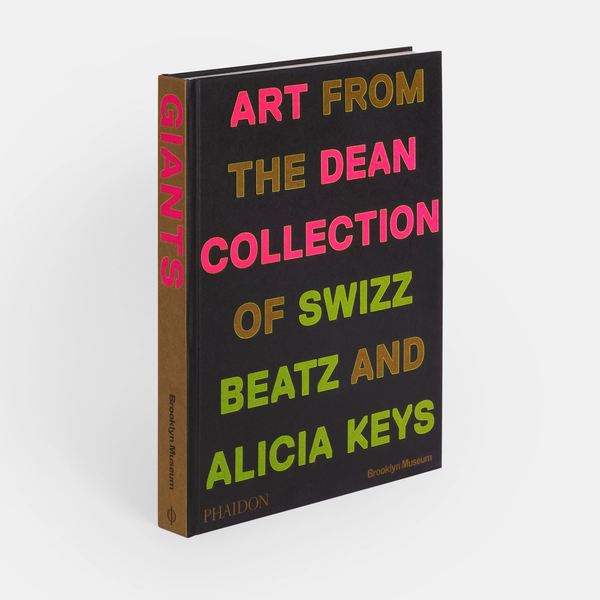 The hardcover book "Giants: Art from the Dean Collection" by Phaidon/Hachette features contemporary art, with colorful text on a black cover and brown spine.