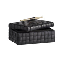 The Humphrey Box by Arteriors is a black leather rectangular organizer with a basketweave pattern, featuring a partially open lid and horizontal wooden handle, shown on a white background.