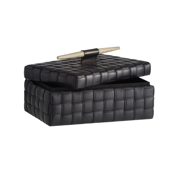 The Humphrey Box by Arteriors is a black leather rectangular organizer with a basketweave pattern, featuring a partially open lid and horizontal wooden handle, shown on a white background.