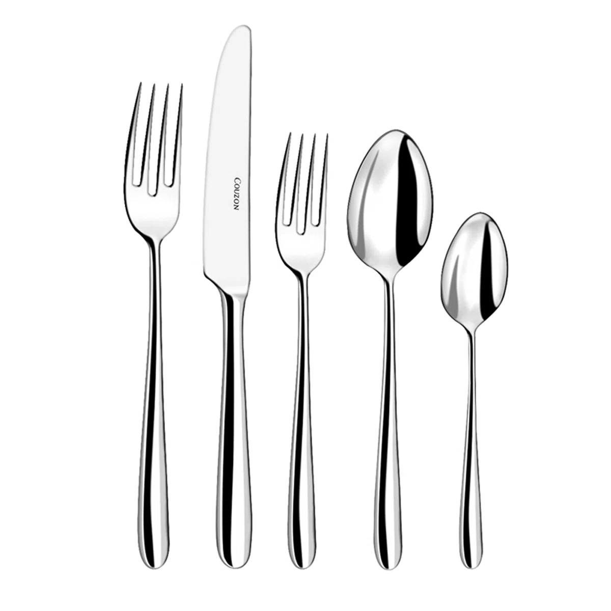 The Couzon/DeVine Corp MAISON3AMIS Fusain Flatware 5 Piece Setting features a fork, salad fork, knife with CUTCO on the blade, soup spoon, and teaspoon, all with matching polished handles and an elegant silver-plated finish.