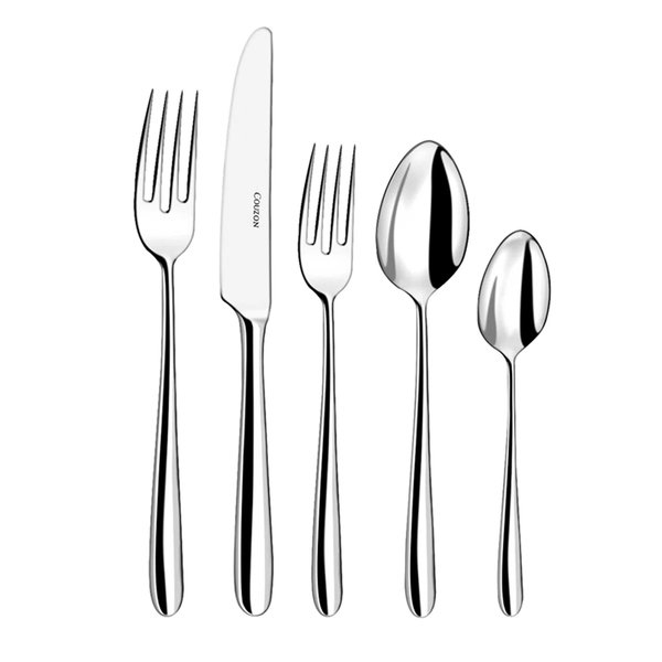The Couzon/DeVine Corp MAISON3AMIS Fusain Flatware 5 Piece Setting features a fork, salad fork, knife with CUTCO on the blade, soup spoon, and teaspoon, all with matching polished handles and an elegant silver-plated finish.