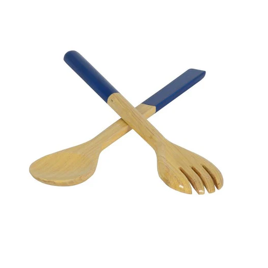The Albert L Bamboo Classic Salad Servers Set Long features eco-friendly crossed bamboo servers with blue handles, adding a stylish touch to your table.