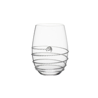 The Amalia Glassware by Juliska is a handmade, clear stemless glass adorned with a spiral metallic wire design around its lower half, showcased against a plain white background.