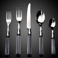 The Capdeco Doric Flatware 5 Piece Setting - Clear includes two forks, a knife, a spoon, and a soup spoon with stainless steel heads and clear handles, elegantly displayed upright against a dark background.