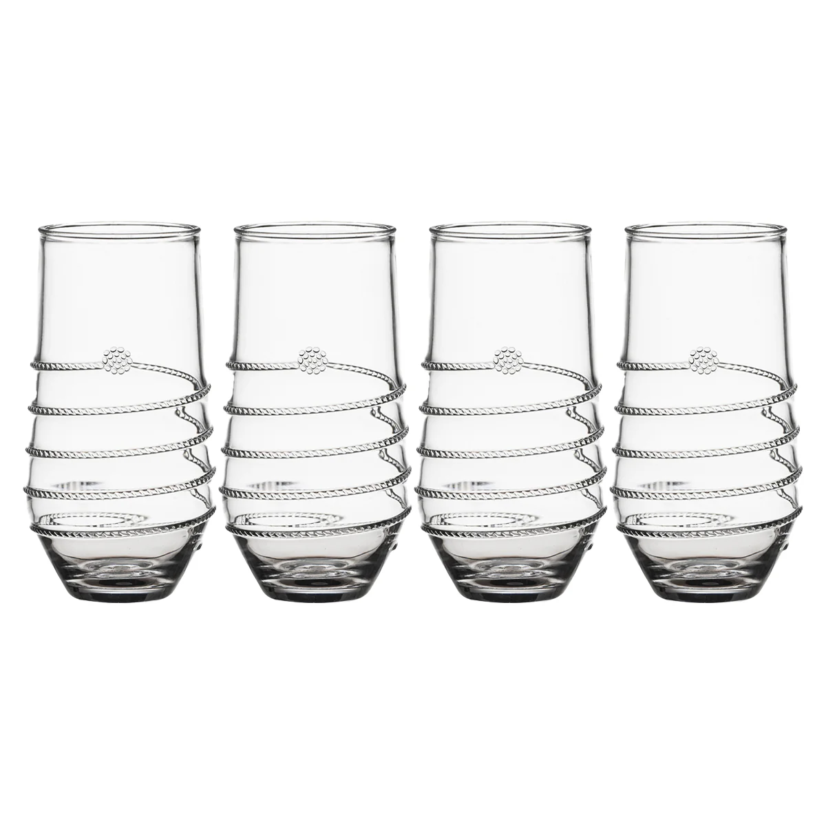 The Juliska Amalia Acrylic Tumbler Set of 4 in clear features an elegant silver spiral and knot design—perfect large tumblers for any occasion, arranged beautifully against a white background.