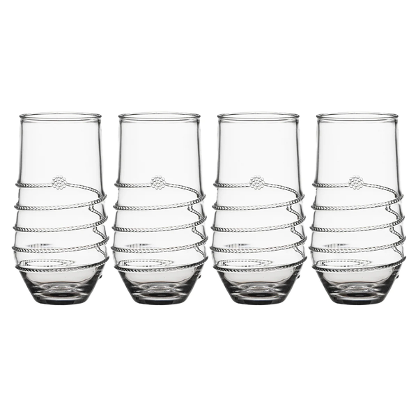 The Juliska Amalia Acrylic Tumbler Set of 4 in clear features an elegant silver spiral and knot design—perfect large tumblers for any occasion, arranged beautifully against a white background.