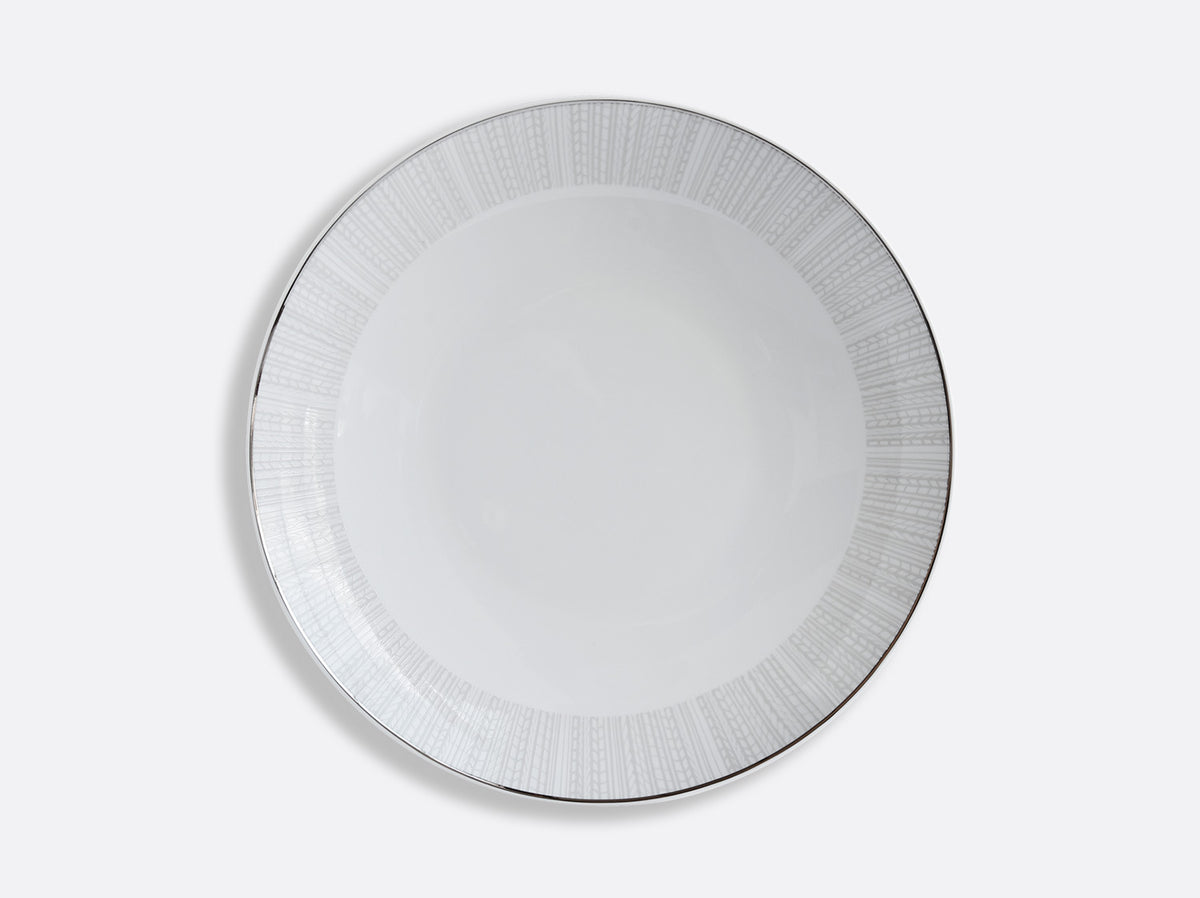 The Bernardaud Silva Dinnerware Serving Pieces feature white ceramic with a subtle light gray geometric rim and a thin platinum edge, offering an elegant, contemporary touch to your table setting.