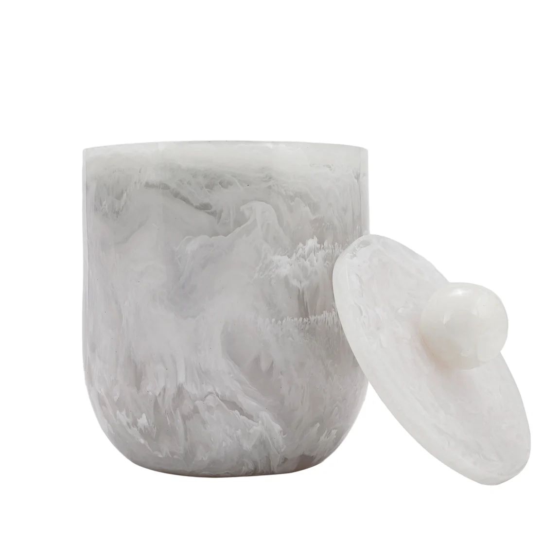 The Nashi Home Allure Ice Bucket - Snow Bucket with Snow Ball is a cylindrical, white and gray marbled ice bucket with a matching lid and round handle, featuring a smooth, polished finish and insulated insert.