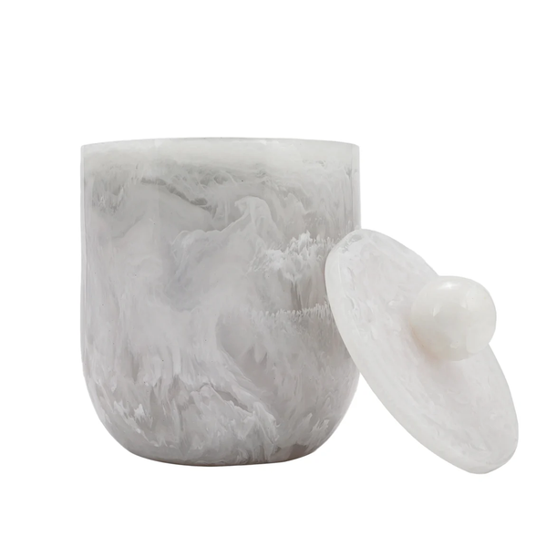 The Nashi Home Allure Ice Bucket - Snow Bucket with Snow Ball is a cylindrical, white and gray marbled ice bucket with a matching lid and round handle, featuring a smooth, polished finish and insulated insert.