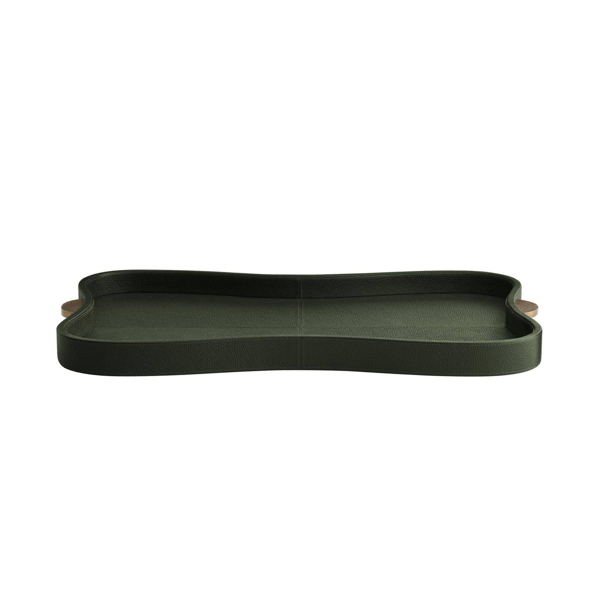 The Stohlman Tray by Arteriors features a rectangular shape with curved sides, premium dark green embossed leather, and light brown handles on each short end, displayed against a white background.