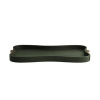 The Stohlman Tray by Arteriors features a rectangular shape with curved sides, premium dark green embossed leather, and light brown handles on each short end, displayed against a white background.
