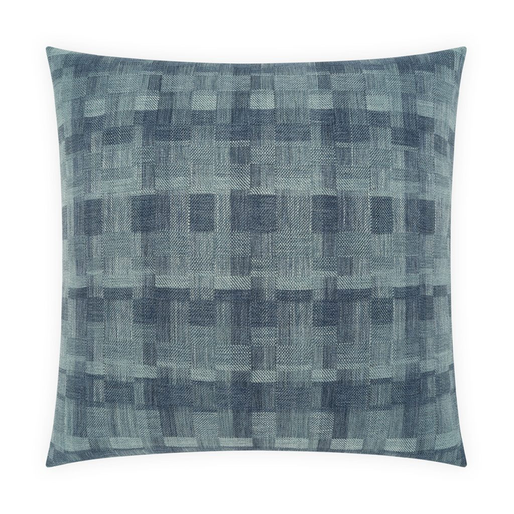 The Inlay Pillow Denim by D.V. KAP / Canaan Company features a blue and gray geometric pattern with overlapping rectangles and squares, offering a subtle three-dimensional, textured look for extra comfort.