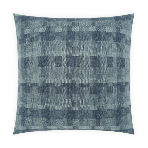 The Inlay Pillow Denim by D.V. KAP / Canaan Company features a blue and gray geometric pattern with overlapping rectangles and squares, offering a subtle three-dimensional, textured look for extra comfort.