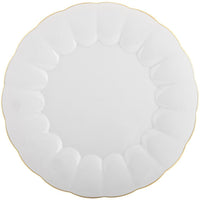 The Vista Alegre 200 Anos Dinnerware features a white, round ceramic plate with scalloped edges and a thin hand-painted gold rim, highlighting modern elegance in an overhead photo on a plain background.