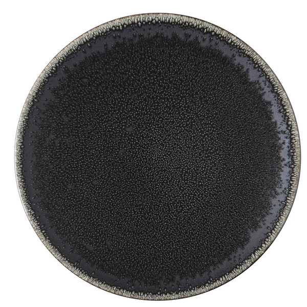 The Tourron Dinnerware Celeste by Jars - Rosenthal is a round glazed stoneware plate in deep charcoal-black with a textured, speckled surface and lighter rim. Its artisanal ceramic design is dishwasher safe for easy care.