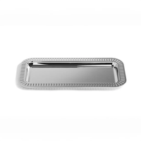 The Striations Silver Small Rectangle Serving Tray by Anna New York features a shiny stainless steel surface and a patterned, raised edge—ideal as a vanity tray or for entertaining—shown on a plain white background.