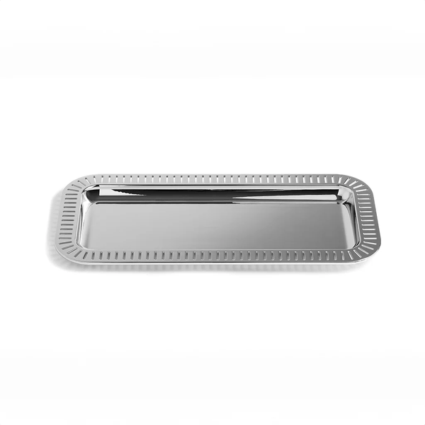 The Striations Silver Small Rectangle Serving Tray by Anna New York features a shiny stainless steel surface and a patterned, raised edge—ideal as a vanity tray or for entertaining—shown on a plain white background.
