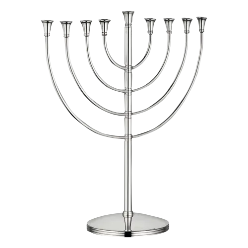 The Christofle Silver-Plated Hanukkah Menorah features eight branches and a central, taller branch for candles, all set on a round base against a plain white background.