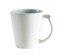 The Vuelta Atoll by Jars - Rosenthal is a modern white ceramic mug featuring a light blue interior and a large curved handle. Stylish and microwave safe, it’s photographed on a white background.