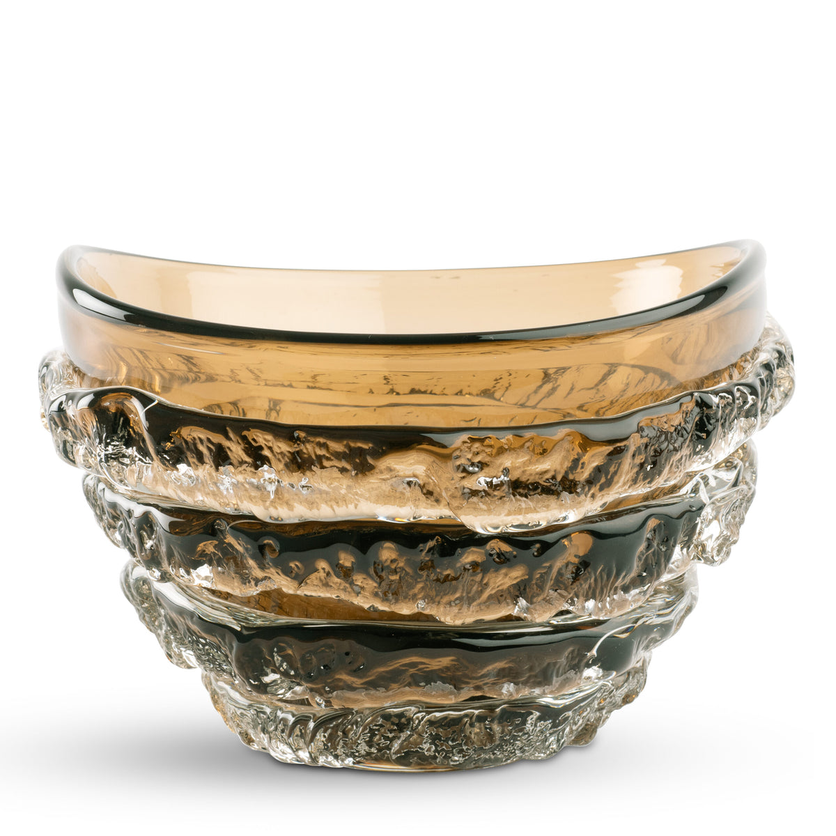 The Modena Amber Bowl by FlowDecor Inc. features a round, amber-colored design with wavy texture and thick clear ribbed layers around the exterior, offering a sculptural, handcrafted look perfect for decorative displays.