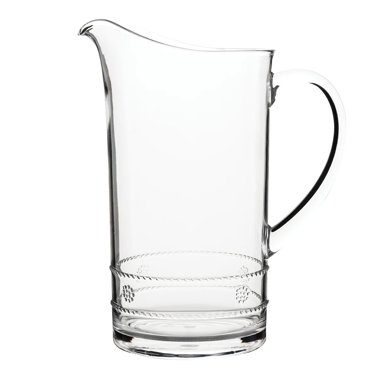 The Juliska Isabella Acrylic Pitcher features a wide spout, curved handle, and decorative band—ideal for outdoor entertaining. Shown empty against a white background.