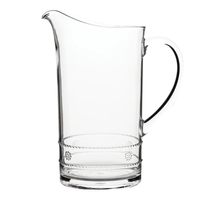 The Juliska Isabella Acrylic Pitcher features a wide spout, curved handle, and decorative band—ideal for outdoor entertaining. Shown empty against a white background.