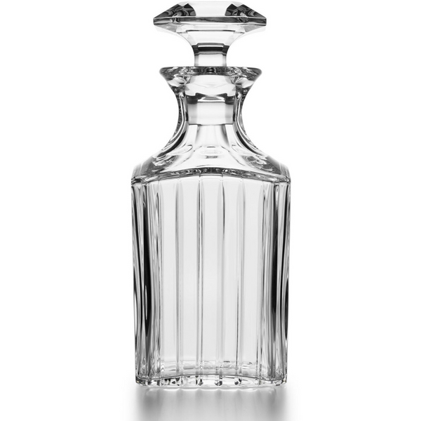 The Baccarat Harmonie Whiskey Decanter Square features vertical grooves and a faceted stopper, displayed upright on a white background—ideal for showcasing in a luxury gift box.