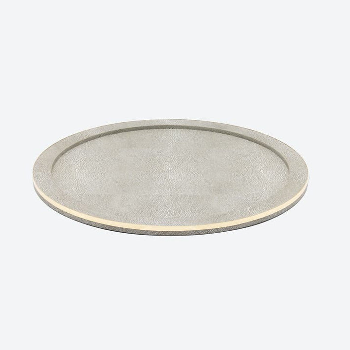 The Blue Pheasant Langston Round Tray - Sand / Gold is a round serving tray with a flat sand faux shagreen surface, a thin gold edge, and a slightly raised rim, shown on a plain light background.