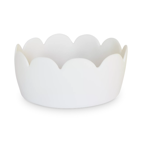 The Tina Frey Fleur Bowl White features a round shape with scalloped edges, handcrafted from resin and photographed against a simple white background.