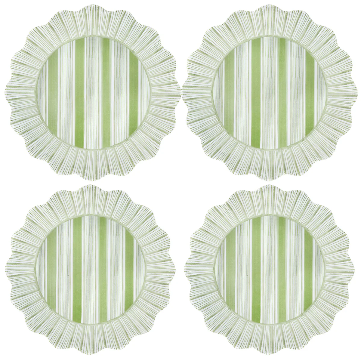 Four round, seagrass-green and white striped Juliska Cabana Stripe melamine plates with ruffled edges are arranged in a 2x2 grid on a white background. Each shatterproof plate is dishwasher safe for easy cleaning. Set of 4.