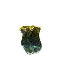 The Sack Vase Green Yellow - by David Changar features a wavy rim and hand-glazed green, blue, and yellow marbling on white ceramic.