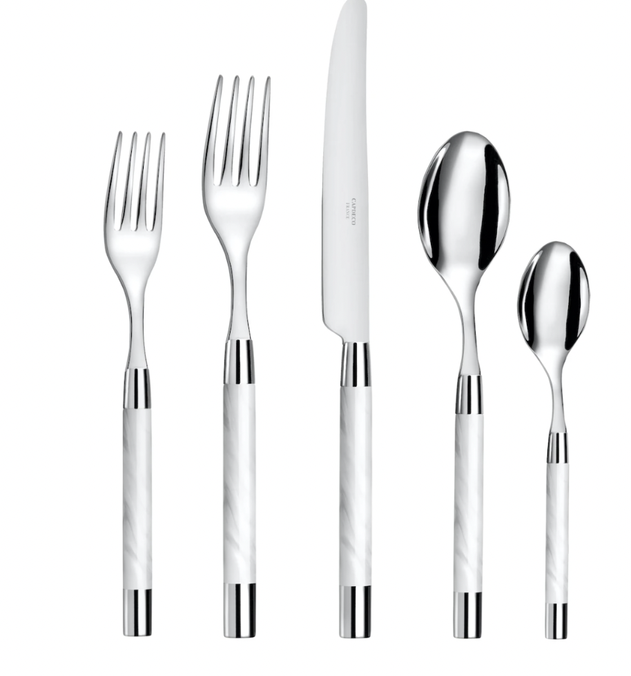 The Capdeco Conty Flatware 5-Piece Setting - White includes a small fork, large fork, knife, large spoon, and small spoon with white handles, all crafted from stainless steel and displayed side by side on a white background.