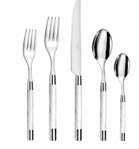 The Capdeco Conty Flatware 5-Piece Setting - White includes a small fork, large fork, knife, large spoon, and small spoon with white handles, all crafted from stainless steel and displayed side by side on a white background.