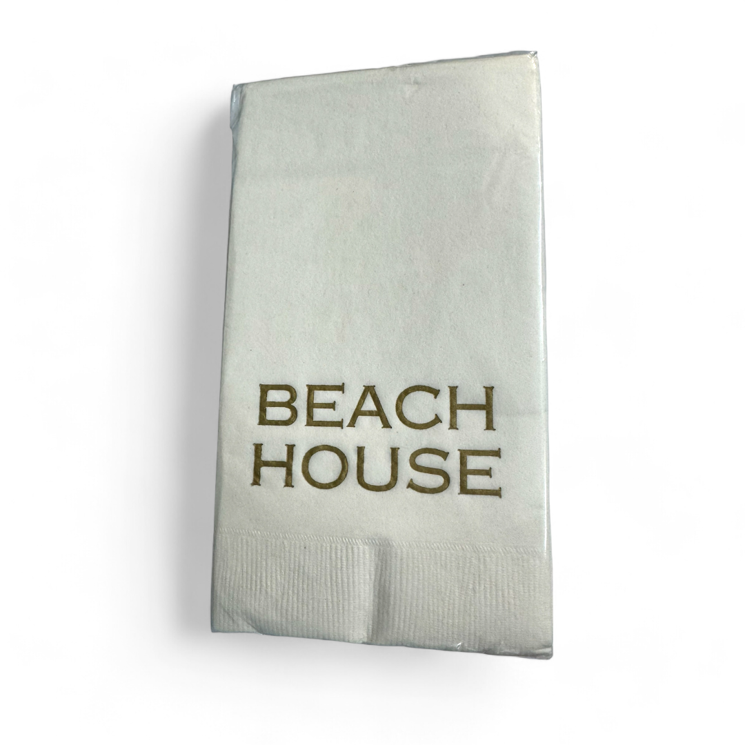 The Print Appeal Guest Towel Pack - BEACH HOUSE features folded white towels with "BEACH HOUSE" in gold lettering on the front, shown against a plain white background.