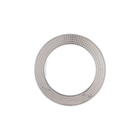 A single metallic circular object with a grid-like pattern and hollow center, inspired by the elegant textures of Bernardaud's Athena Platinum Dinnerware, is displayed against a plain white background.